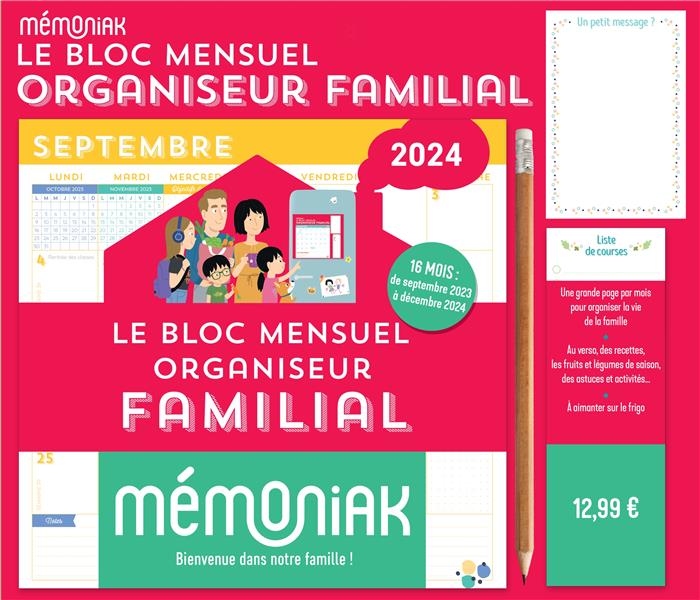 LE BLOC MENSUEL ORGANISEUR FAMILIAL MEMONIAK 2024, CALENDRIER (SEPT. 2023 -  DEC. 2024) - AGENDAS/CALENDRIERS - VIE PRATIQUE - L'échappée livre
