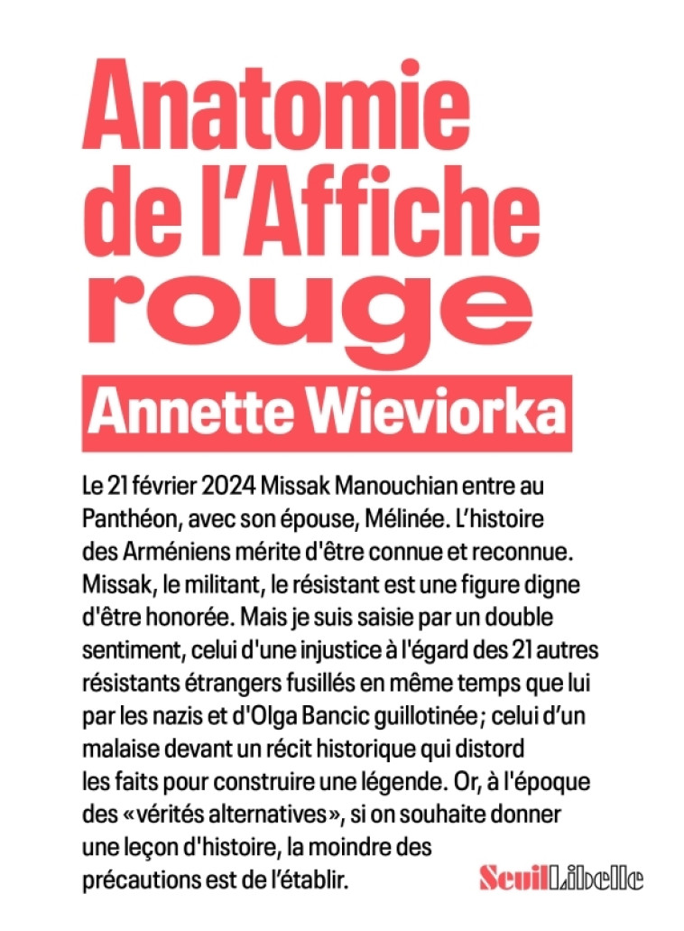 ANATOMIE DE L-AFFICHE ROUGE - Annette Wieviorka - SEUIL