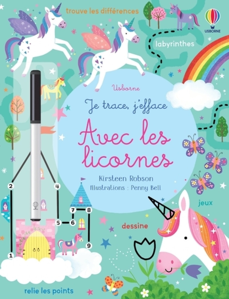 Avec les licornes - Je trace, j'efface - Kirsteen Robson, Penny Bell, Laura Hammonds, Véronique Duran - USBORNE