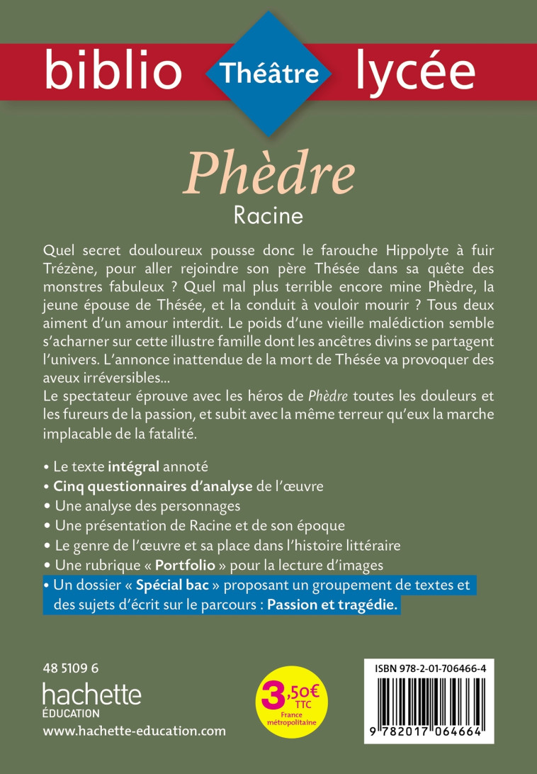 Bibliolycée - Phèdre, Racine - Parcours Passion et Tragédie (texte intégral) - Jean Racine - HACHETTE EDUC