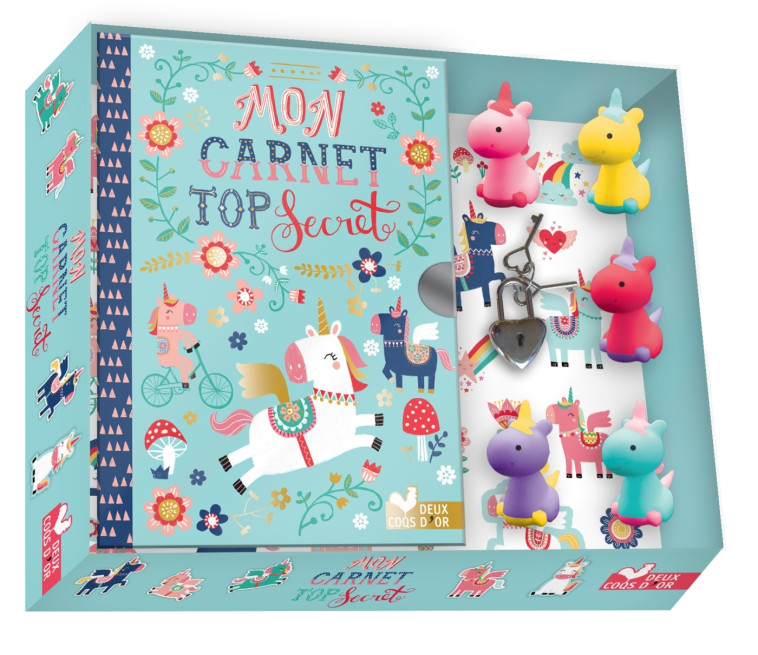 Mon carnet top secret licornes - coffret avec mini gommes - Louise Anglicas - DEUX COQS D OR