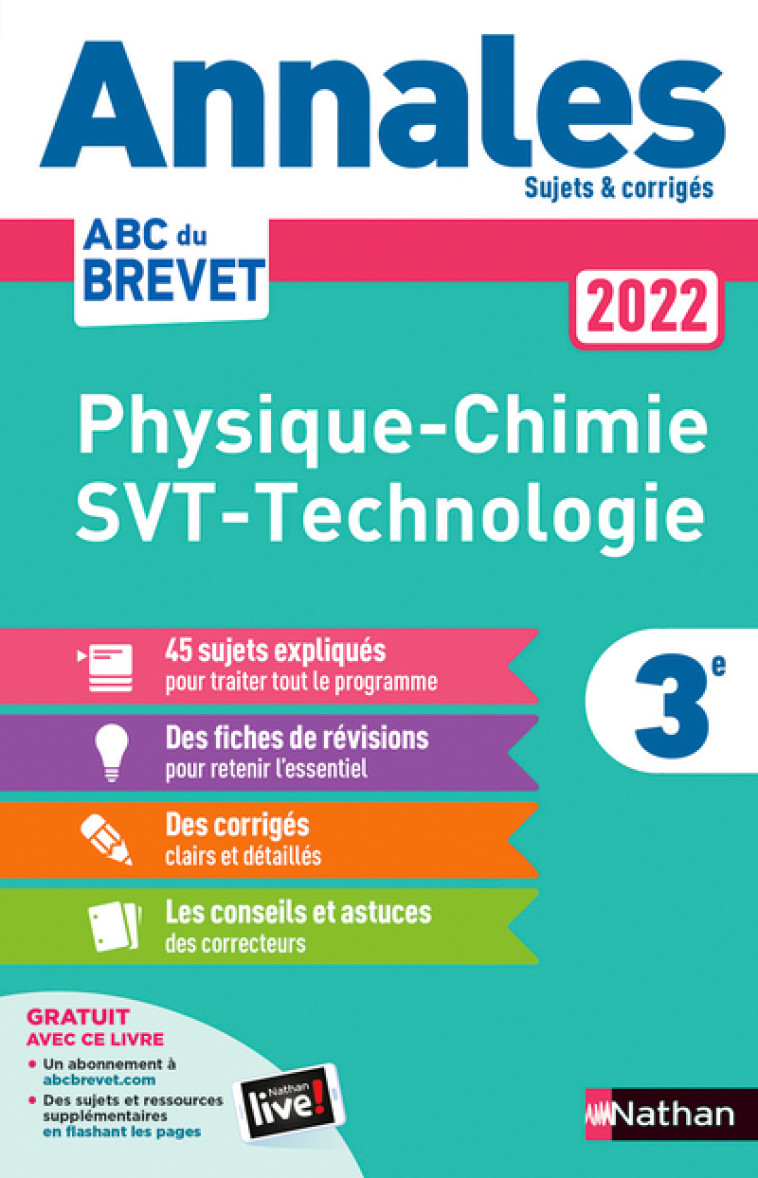 Annales Brevet 2022 - Physique-Chimie - SVT - Technologie - Corrigé - Nicolas Coppens - NATHAN