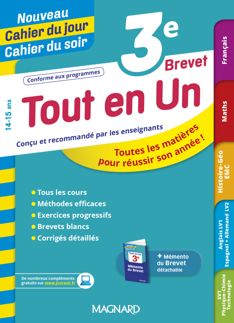 Tout en Un 3e - Leçons, méthodes et exercices - Nouveau Cahier du jour Cahier du soir - Patrick Rasset - MAGNARD