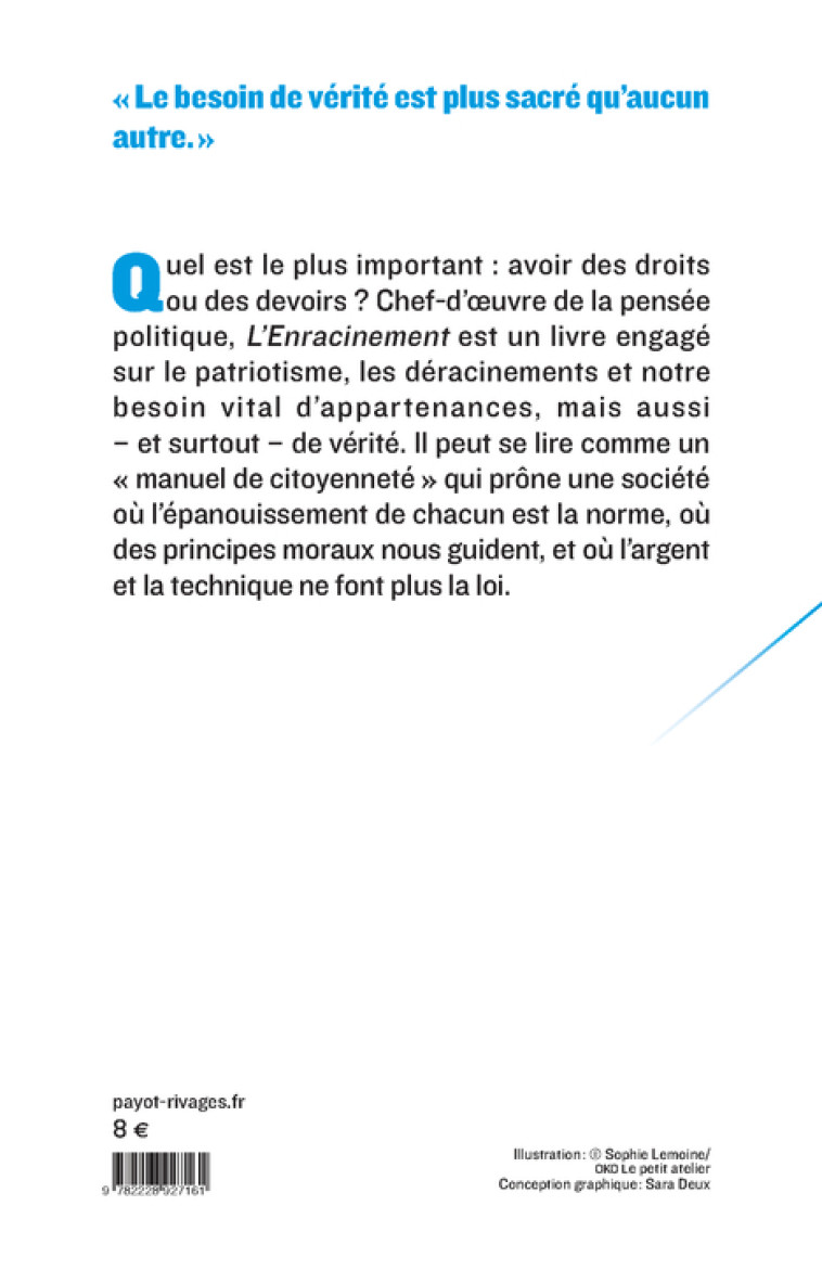 L'Enracinement - Simone Weil - PAYOT