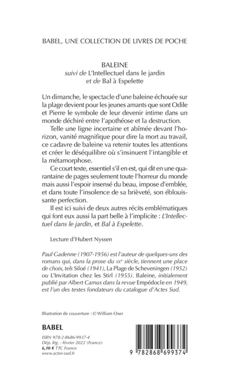 Baleine, suivi de: L'intellectuel dans le jardin et de bal à espelette - Paul Gadenne - ACTES SUD